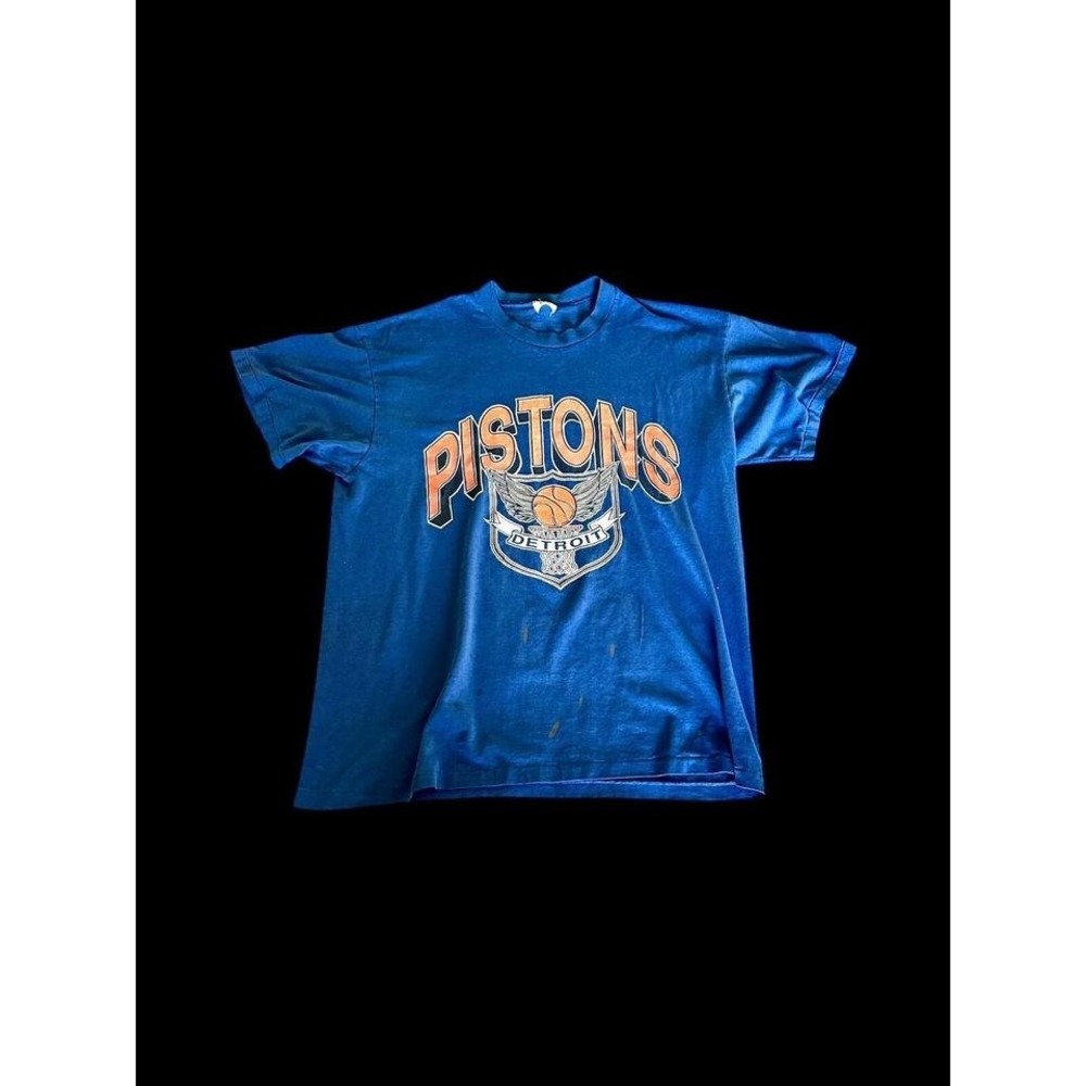 Vintage 80s Logo 7 T-shirt XL Detroit Pistons NBA Blue Distressed‎ Single Stitch